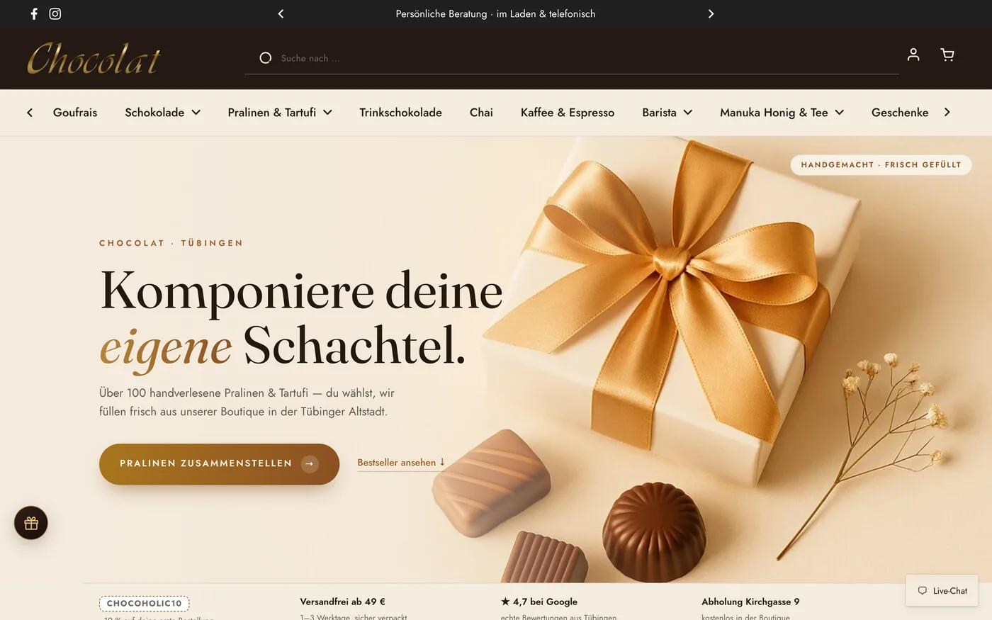 Startseite des Onlineshops chocolat-tuebingen.de